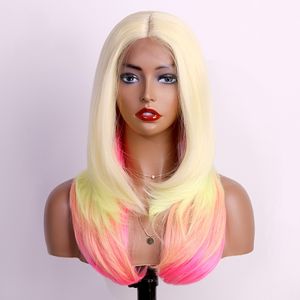 Blonde Ombre Pink Colored Brazilian Wigs 13x1 Hd Synthetic Lace Frontal Wig T Part Hair For Women Cosplay Party