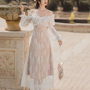 Summer Vintage Women Lace Party Long Sleeve Off Shoulder Sexy Ruffle Maxi Tunic Beach Dress Vocation 210415