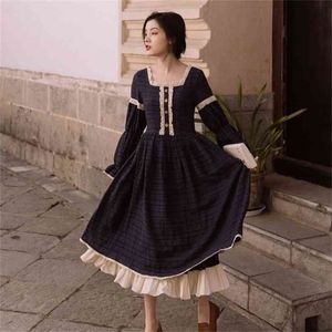 Sommar kvinnor fyrkantig krage lång klänning bomull lapptäcke jacquard mid-calf passform och flare prärie chic vestidos 210603