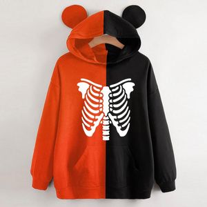 Kvinnors Hoodies Sweatshirts Womens Ear Hooded Bear Contrast Färgskalle Skelettmönster Gotisk Streetwear Långärmad Harajuku Pullover