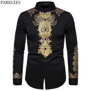 Men's African Long Sleeve Shirt Metallic Gold Printed Mandarin Collar Shirt Traditional Ethnic Festival Wedding Dashiki Shirt 210522