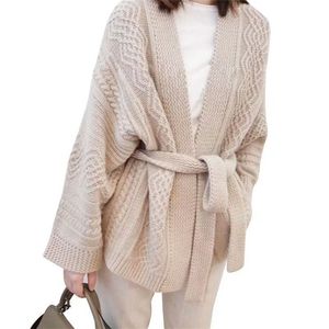 Knitted Cardigan Sweater Women Autumn Winter Fashion With Belt Plus Size Loose Thicken Wool Coat Female LR1308 210531