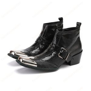 Genuine Leather Men Ankle Boots Mid Heel Increase Height Man Boots Punk Buckle Motorcycle Boots Party Shoes Botas