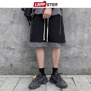 LAPPSTER Men Patchwork Summer Casual Shorts 2021 Mens Streetwear Graphic Basketball Shorts Male Fake Two Pieces Jogger Shorts X0628