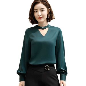 Imitation Silk Women Spring Autumn Casual Blouses Shirts Lady Long Sleeve Solid Color O-Neck Blusas Tops DF2267 210609