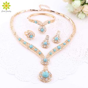 African Beads Gold Color Nigerian Wedding Jewelry Sets Crystal Bracelet Earring Ring Jewelry Sets 3Color H1022