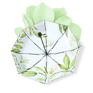 Feminino Mini Bolso Dobrável Guarda-chuva Automático Chuva Mulheres Plantas Verdes Parasol Proteção UV Cápsula 210721