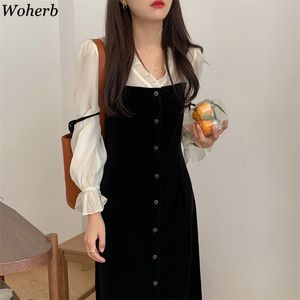 Wohern Chic Patchwork Fake Två Maxi Klänningar för Kvinnor V-Neck Ruffles Flare Sleeve Robe Vestidos Vintage Velvet Elegant Dress 210519