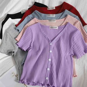 Casual Sweet Slim student short-sleeved T-shirt with wooden ears tops summer Korean style buttoned V-neck pit top t-shirts 210420