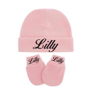 Personalizado recém-nascido chapéu de chapéu de chapéu personalizado chapéu rosa e mitenes conjunto de chapéu recém-nascido e bebê anti-coçando luvas luvas y21111