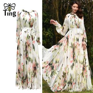 Casual Dresses Tingfly god kvalitet exotisk tropisk blommig tryck maxi boho klänning vintage lös midja lång bohemisk fest