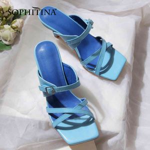 Sophitina Sandalet Kadın Mavi Katı Çapraz Dar Bant Toka Kayışı Yüksek Ince Topuk Elbise Ofis Lady Moda Ayakkabı Üzerinde Kayma PB71 210513