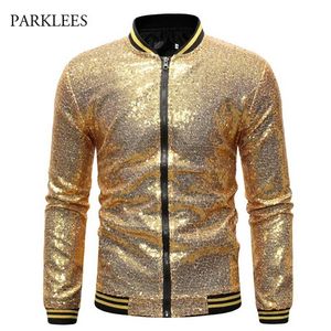 光沢のあるスパンコール輝く爆撃機のジャケット男性Est Gold Glitter Stripedジッパーメンズジャケットとコートパーティーダンスショー服210927