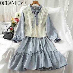 2 Pcs Woman Dress Solid Bow Preppy Style Fashion Autumn Winter Dresses Korean Ins Lace Up Vestidos Elegant 19280 210415