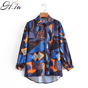 HSA Kadınlar Şifon Gömlek Rahat Femme Kollu Groumcric Bluz Bayan Gevşek Tops Mavi Patchwork Uzun Blusas 210417