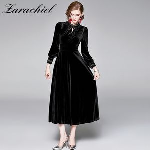 Autumn Winter Elegant Black Velvet Dresses Women's Bow Sleeve Vintage High Waist Pleated Long Dress Vestidos Robe 210416