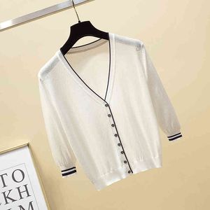 Mode Kvinnors Knitwear Sommaris Silk Solskyddsmedel Cardigan Ultra-Tunna Tre Kvartär Ärm 210520