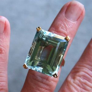 Natural Sea Blue Topaz Stone Sapphire Ring Engagement 14K Yellow Gold color for Women Bizuteria Jewelry with Crystal Gemstone 211217