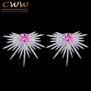 Marka Exclusive Micro Better Pink Cubic Cyrkonia Silver Color Big Stud Punk Kolczyk Biżuteria dla kobiet CZ100 210714