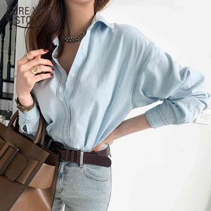 Vintage Casual Cor Sólida Camisas Para Moda Coréia Solta Denim Blusa Mulheres Plus Size Botão Feminino Roupas 13473 210415