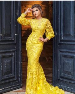 Party Dresses Beauty-Emily Dostosuj Kolor Złoty Żółty Koronki Z Długim Rękawem Elegent Suknia Wieczorowa Mermaid 3D Florale Arabska Celebrity Prom