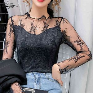 Fall Hollow Out Long Sleeve Bottoming Shirts Slim Sexy Lace Mesh Stitching Women's Black Blouse Chemisier Femme 12352 210521