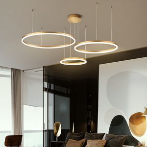 Lampade a sospensione moderne in oro con anello rotondo per soggiorno, sala da pranzo, anelli circolari, corpo in alluminio acrilico, lampada da soffitto a LED