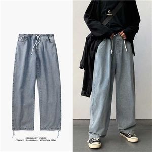 Koreansk stil lös brett ben jeans för män blå baggy denim byxor kpop kläder mode y ulzzang cargo male 211111