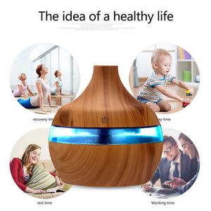 300ml USB Electric Air Luftfuktare, Ultraljud Essential Oil Arom Diffuser, Träfärg, Med 7 LED Lampor för bil Hemmakontor 210724