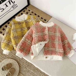 Girls Autumn Winter Plus Velvet Jacket Kids Children'S Korean Version Plaid Cotton Clothes Baby Girl Padded 210625