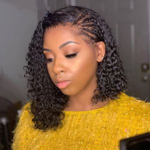 Curly Bob Wig Frontal Lace Closure Water Wave Can Flätad Human Hair 360 Front Paryk Korta Pixie Cut Remy Hairs 150% DiVA1