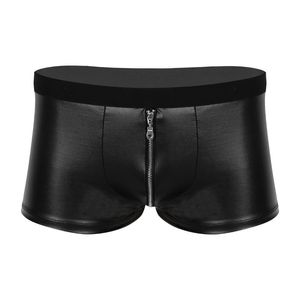 Underwear Luxury Mens Underpants Lingerie Leather Wet Look Zipper Bulge Pouch Low Rise Boxer Briefs Shorts Sexy Tight Drawers Kecks Thong 0AY5