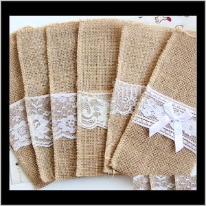 Partydekoration Sackleinen Besteckhalter Vintage Shabby Chic Jute Spitze Geschirr Beutel Verpackung Gabel Messer Tasche Heimtextilien 796Pn IELJG