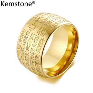 Kemstone Retro 12MM Stainless Steel Gold Color Buddhism Men Ring Jewelry X0715
