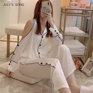 Juli Song Fashion White Shirts Hosen Homewear Elegant Turndown Kragen Langarm Nachtwäsche Frühling Sommerpyjama Frauen 210831