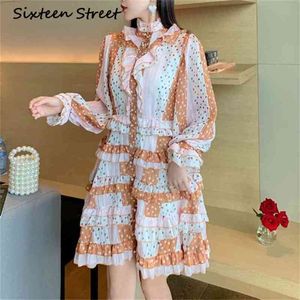 Polka Dot Ruffles Dress Woman Lantern Sleeve High Waist Autumn Vestidos Spring Turtleneck Design Elegant Female 210603