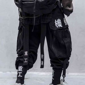 Japońska Streetwear Techwear Spodnie Cargo dla Mężczyzn Baggy Wide Noga Czarny Jogger 210715