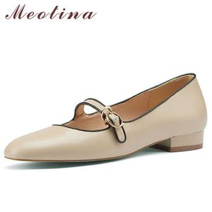 Meotina Natural Genuine Leather Mary Janes Shoes Women Pumps Buckle Low Heels Fashion Block Heel Female Footwear Apricot Size 40 210608