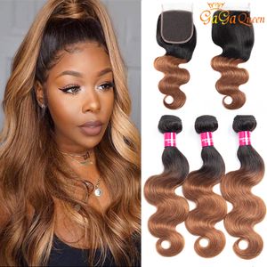 1B / 30 Brazilian Body Wave Pacotes de cabelo virgem com fechamento ombre Bundles de cabelo humano 4x4 fecho de renda com pacotes de cabelo