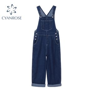 Denim Jumpsuit Women Spring Braces Suspenders Long Pants Lady Pocket Ulazzang Casual Harajuku Fashion Street Blue Overall 210417