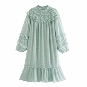 Za Ruffle Dot Siatka MIDI Sukienka Kobiety O-Neck Z Długim Rękawem Ruched Sukienka Kobiet Chic Vintage Pleat Tulle Party Dresses 210602