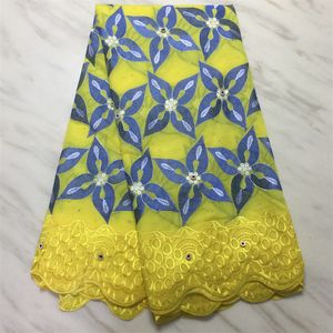 5Yards/Lot Fashion Yellow African Cotton Fabric Blue Embroidery Swiss Voile Lace Match Stones Decoration For Dressing PL12270