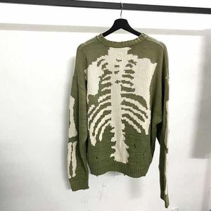 Green Loose Skeleton Bone Printing Sweater Men Woman Good Quality High Street Damage Hole Vintage Knit Sweater