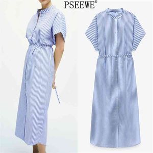 Niebieska kobieta w paski długi letni sukienka moda pasek szeroki krótki rękaw MIDI Women Button Up Casual ES 210519