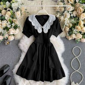 Lady Moda Retro Siyah Elbise Kadınlar Dantel Bebek Yaka Yüksek Bel Ince Kısa Kollu Zarif Giyim Vestidos P765 210527