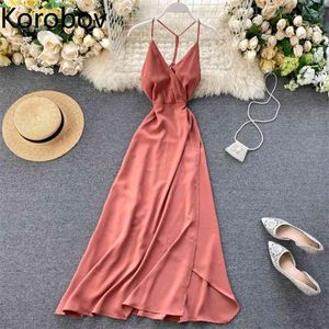 Korobov Korean V Neck Open Back Camis Long Dress Irregular Split Design Sleeveless Long Vestido Sexy Summer Holiday Ropa 2a736 210430