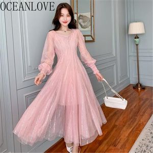 Evening Party Dress Mesh Solid Waist Spring Vestidos Sequined Elegant High Korean Dresses Women 15761 210415