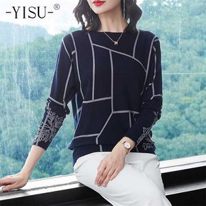 Yisu أزياء المرأة الهندسة طباعة سترة طويلة الأكمام صداري تريكو الخريف الشتاء البلوفرات جودة عالية محبوك البلوزات 211018