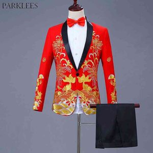 Stylish Gold Fish Embroidery 3 Pcs Red Dress Suit Men One Button Shawl Lapel Suits With Pants Mens Stage Prom Wedding Groom Suit 210522