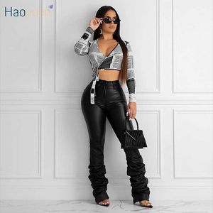 PU HAOYUAN Sexy Plus Size Leather Stacked Leggings Women Fall Clothes Elastic High Waisted Pants Club Ruched Trousers Streetwear